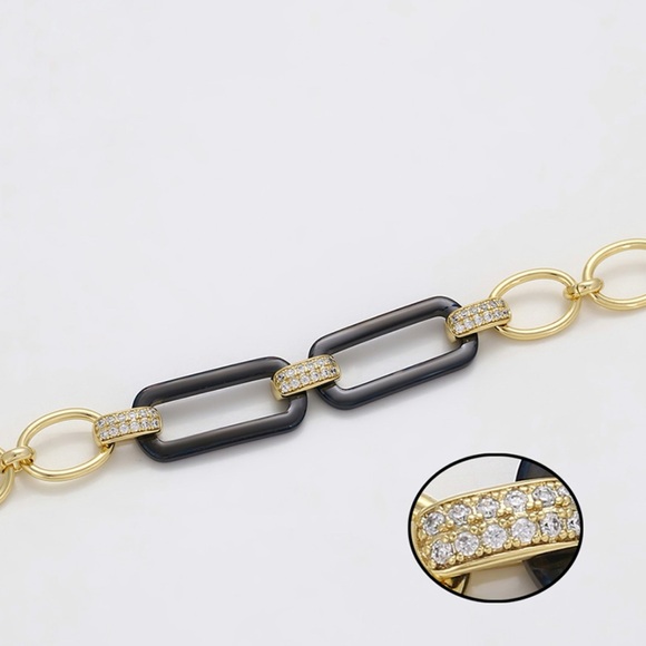 Paperclip Chain Bracelet 14k Gold Plated w/ Cubic Zirconia - Picture 3 of 10